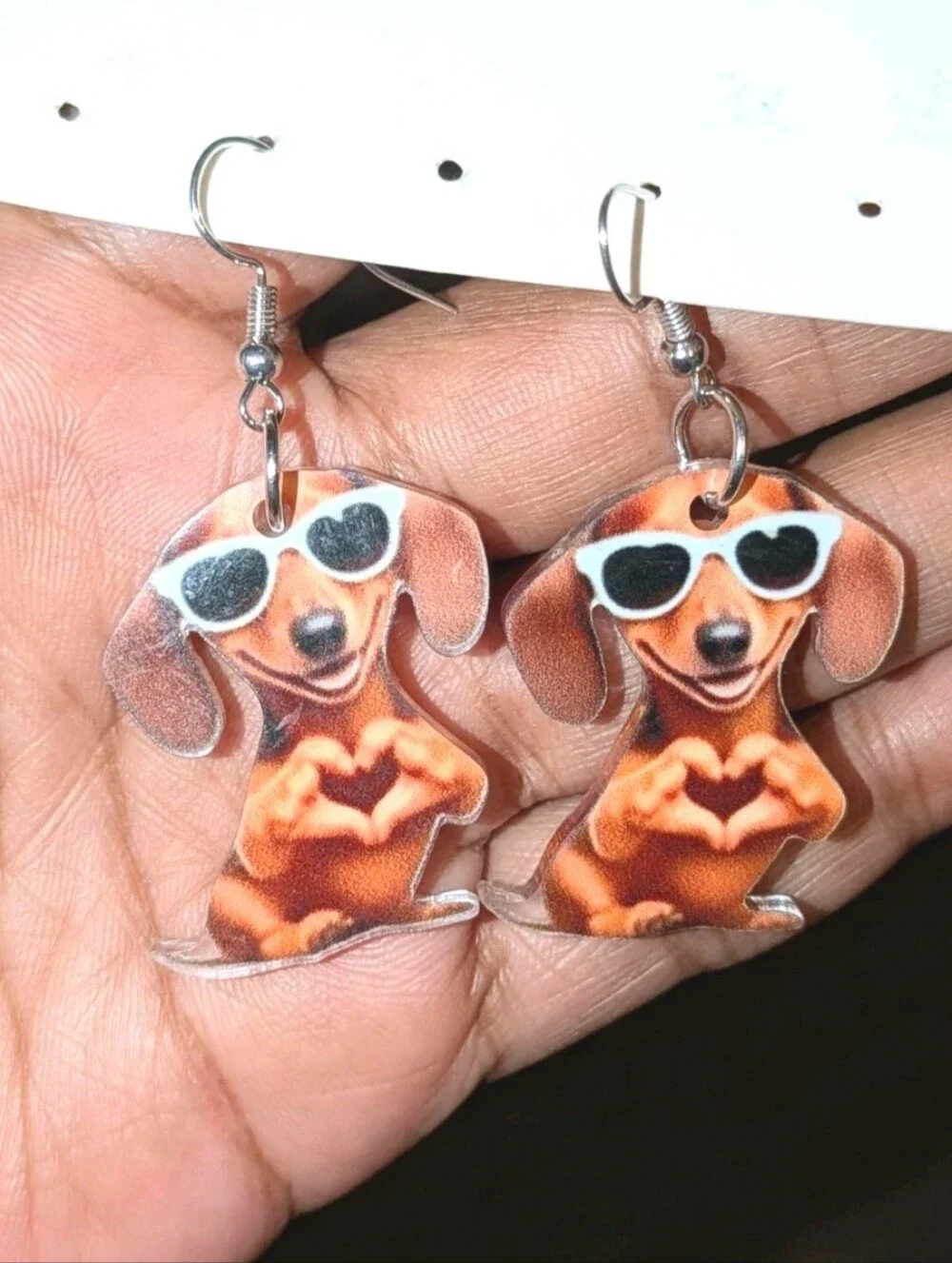 Hand Crafted Orange Dachshund Earrings with White Sunglasses